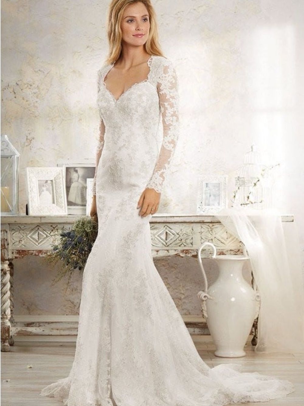 Alfred Angelo White Lace Backless Long Sleeve Bridal Wedding Gown 16 - Picture 14 of 15
